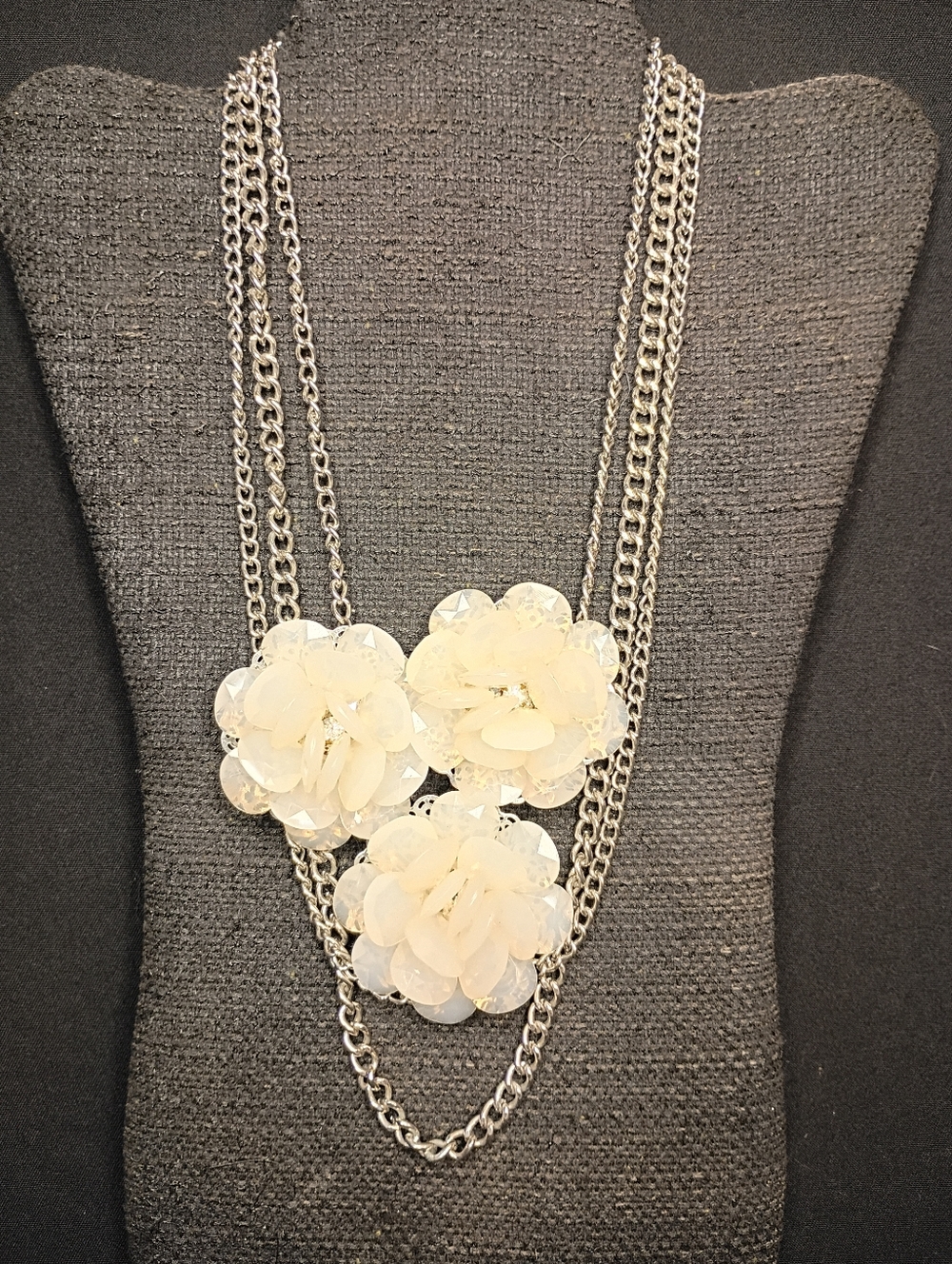 Three-Flower Ivory Statement Necklace with Silver Chains